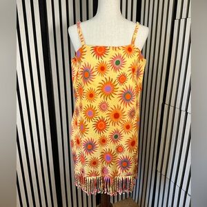 FARM Rio Anthropologie Yellow Sunburst Fringe Strap Dress, Sz L